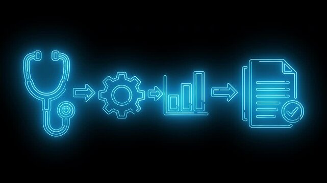 Neon-lit medical and business icons flowchart on a black background with glowing blue lines.