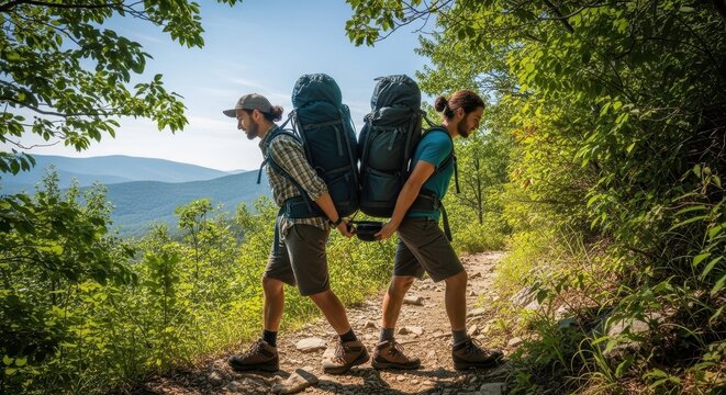 Two backpackers stand back to back on a forest path, holding hands behind their backs, symbolizing a humorous struggle and the tug of war.