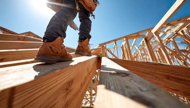 Construction Worker Standing on Wooden Beams at New Home Build Site.