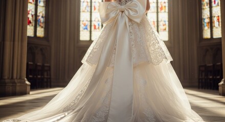 Fototapeta premium Bride in Elegant White Dress Posing Confidently in Cathedral