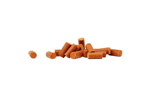 Dog Food Kibble Isolated on White Background, Dry Pet Nutrition Pellets Macro Closeup