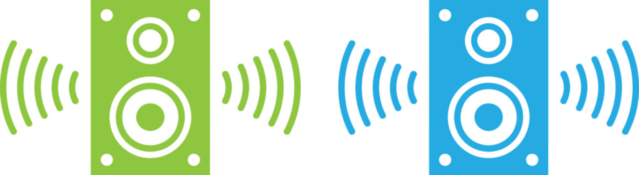 Green and blue speakers emitting sound waves vector illustration
