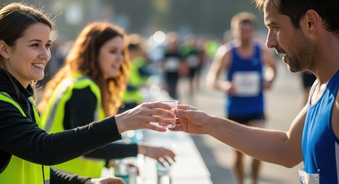Smiling volunteers handing water to runners during marathon race
