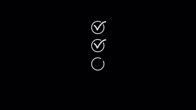 Vertical sequence of white check mark icons representing a multi-step checklist or completed task list. Minimalist digital tick symbols on a transparent alpha channel for video overlays.