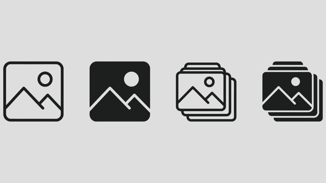 Gallery image icon. Single photo preview and multiple stacked pictures vector graphic. Digital media archive for photo storage indicator. Photography album and artwork display symbol.