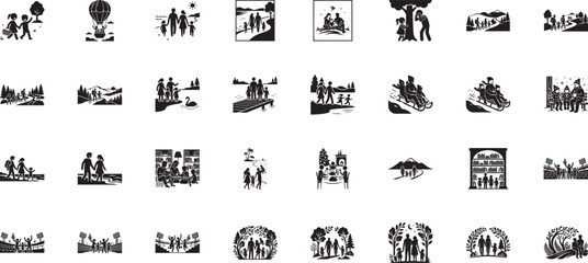 Fototapeta premium Family vacation and leisure activities icons set for travel designs