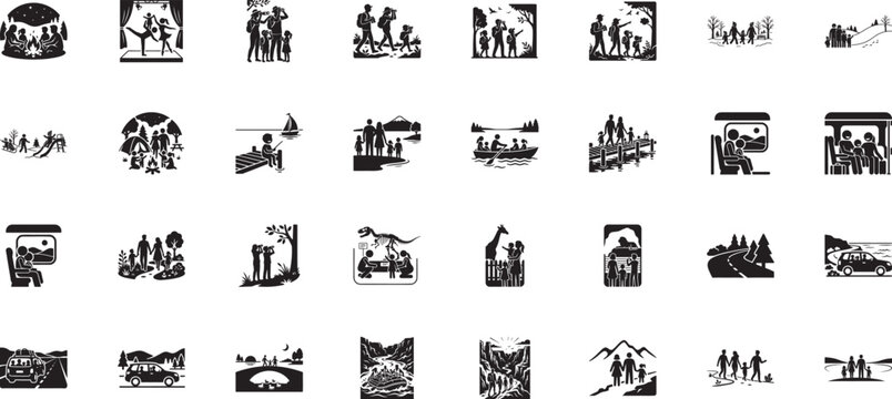 Family travel adventure and zoo visit icons set for designs