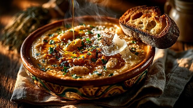 Steaming bowl of minestra di farro soup with olive oil and toasted bre