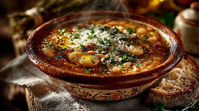 Steaming pappa al pomodoro soup in a rustic bowl with crusty bread
