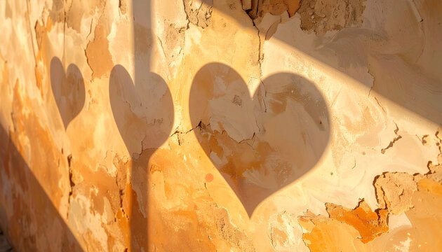 Shadow hearts on weathered wall