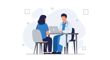 Fototapeta premium Doctor consulting patient at desk with laptop, medical examination, healthcare concept