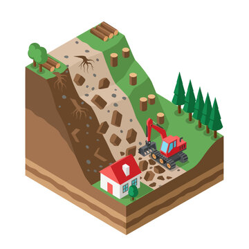 Isometric Illustration of Construction Site with Excavator.
