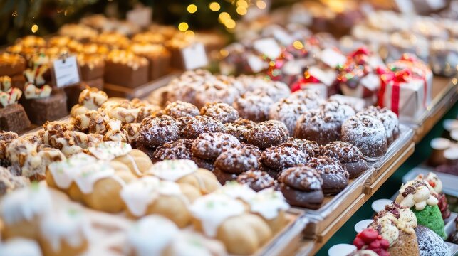 A close-up view of festive Christmas market pastries and sweets with powdered sugar and chocolate toppings, showcasing holiday delights