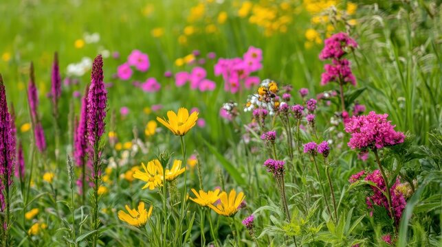A Vibrant Meadow Bursting With Diverse Native Wildflowers Under Bright Sunlight