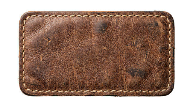 Vintage rectangular brown leather label patch with perimeter stitching on a transparent background