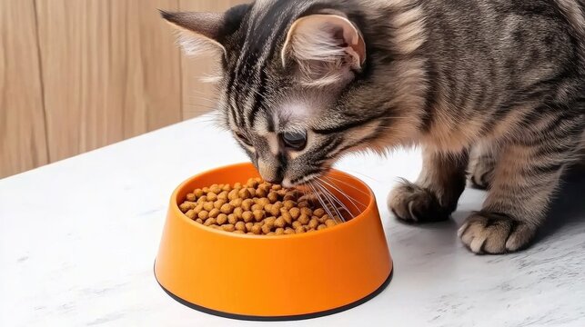 A fluffy grey and black tabby cat happily munching on dry food from a vibrant orange bowl in a cozy kitchen setting
