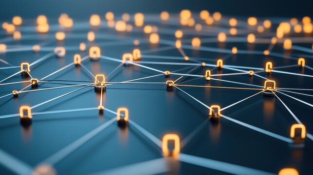 Abstract digital network of glowing orange nodes connected by white lines in a dark blue landscape, representing secure data transmission and technological connectivity.
