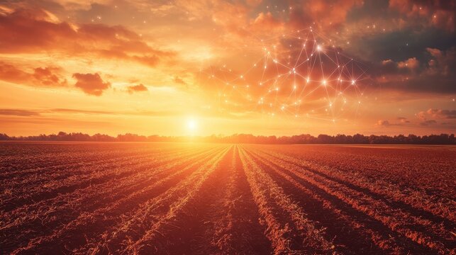 Agricultural Field Under Warm Sunset Sky with Digital Network Connections Representing Future Technology