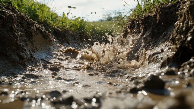 Agricultural Runoff Creates Muddy Splash in Rural Irrigation Canal Under Bright Midday Sun