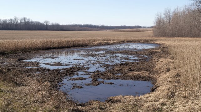 Agricultural pollution evident in muddy runoff pooling in a rural field under a clear sky