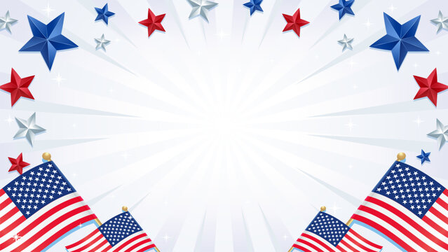 USA Background vector illustration. American flag with stars frame on white sunburst background