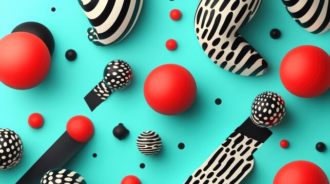 Bold Abstract Shapes and Patterns in a Vibrant Teal Composition with Red and Black Elements