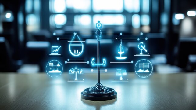 Digital Legal Scales Representing Justice and Compliance in a Modern Courtroom Setting