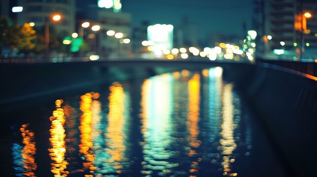 City lights reflected in a river at night, creating soft bokeh glow