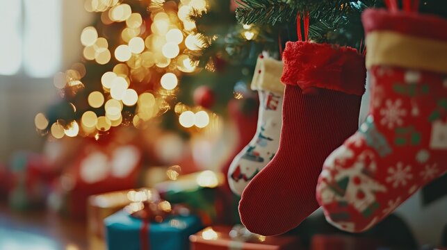 Christmas stockings overflowing with gifts and holiday cheer, hanging on a decorated tree with warm bokeh lights.