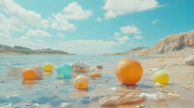 Colorful plastic debris floating near a quiet beach shoreline under a bright blue sky
