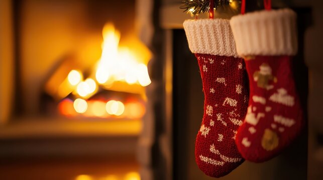 Cozy Christmas stockings hanging near a warm, glowing fireplace with soft lighting creating a festive holiday scene