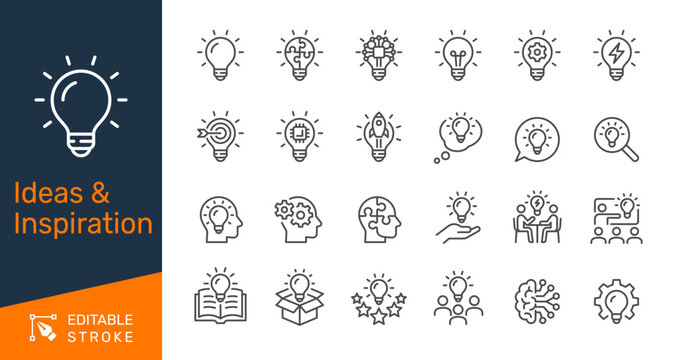 Ideas and inspiration thin line icon collection for creativity, innovation, brainstorming and thinking concept. Editable stroke. Pixel perfect.