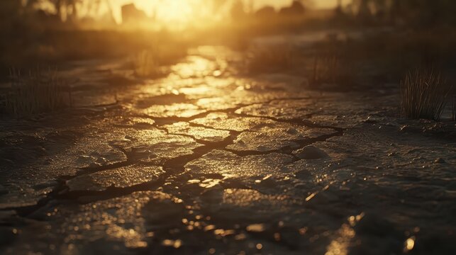 Cracked parched earth under harsh sunlight in a rural drought-stricken region