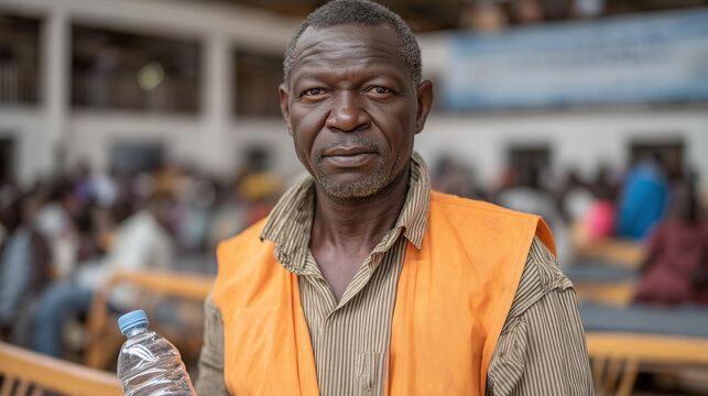 Disaster relief coordinator in orange vest distributes clean water pouches to displaced families inside crowded emergency shelter gymnasium, cots visible behind queue, children clutching bottles, ai