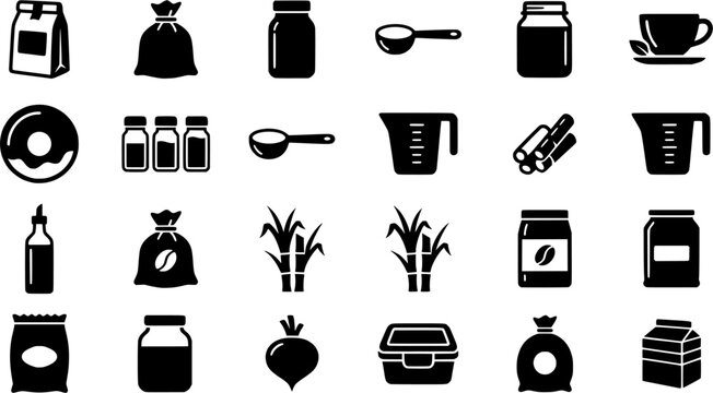 Refined seasoning and sweetener production line art icons featuring sugar cubes, salt shakers, and confectionery manufacturing equipment.

