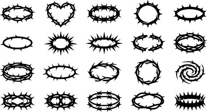 Crown of thorns and heart shaped brier border for religious and gothic design. Monoline black ink style featuring sharp botanical elements and mystical wreaths