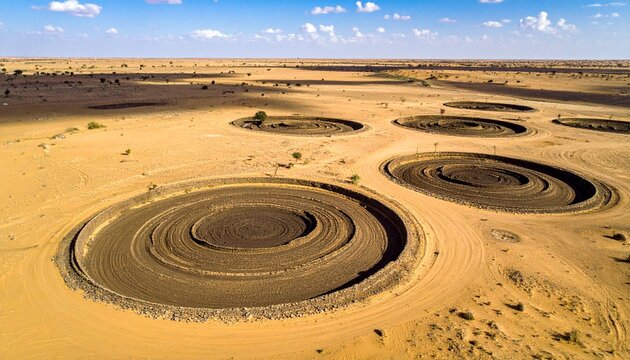 Aerial view of traditional zai water harvesting pits in arid Sahel farmland