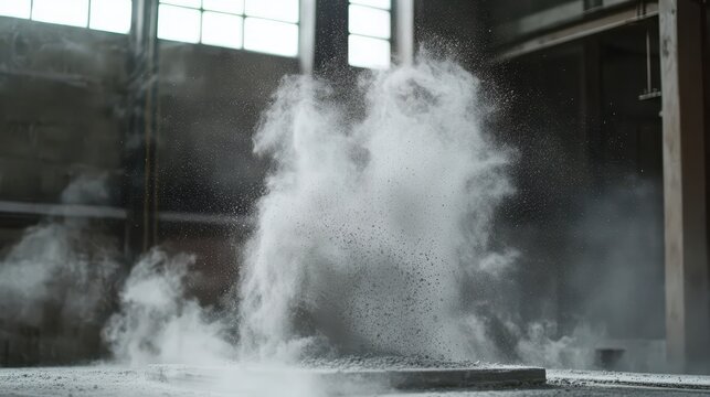 Dramatic airborne particle cloud exploding with fine dust in a dimly lit industrial factory setting