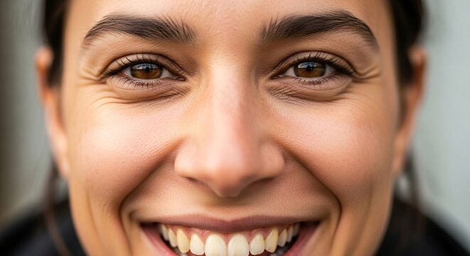 Close-up portrait of a cheerful young woman with a radiant and authentic smile, showcasing genuine happiness and joy in her expression, reflecting positive emotions and well-being