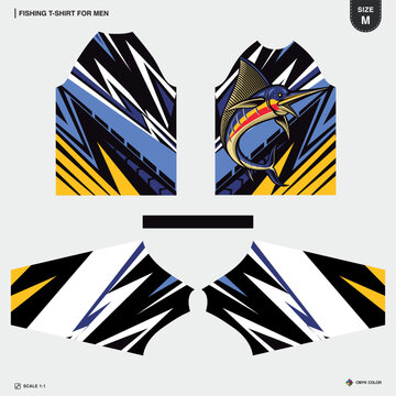 Mens Raglan Fishing T-Shirt Sublimation Jersey Print Template Cyan Navy Blue Abstract Water Pattern Fish Illustration