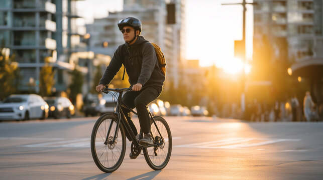 Cyclist removes helmet to reveal EEG skullcap beneath at early morning city intersection, urban commute neuromorphic wearable biosensor brainwave monitoring urban mobility neurotechnology fitness br