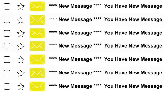 Email inbox screen showing multiple virus-infected messages with suspicious subject lines. Slow vertical scroll reveals phishing attempts. Motion graphics of inbox new message