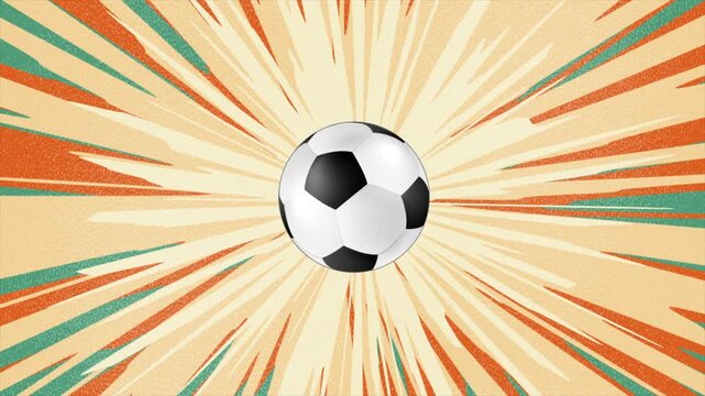 Soccer ball on retro sunburst background with vintage grainy texture. Abstract sport motion design. Seamless loop. Video animation Ultra HD 4K 3840x2160
