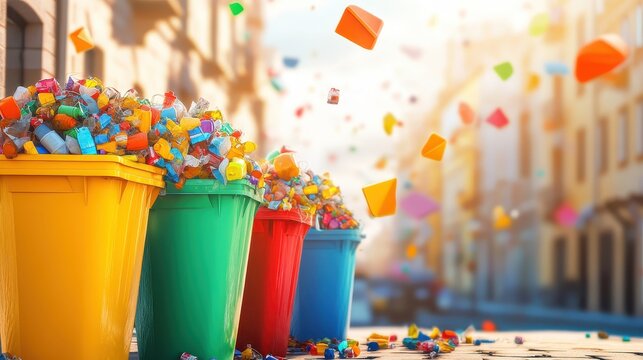 Overflowing Recycling Bins and Scattered Waste on a Vibrant City Street