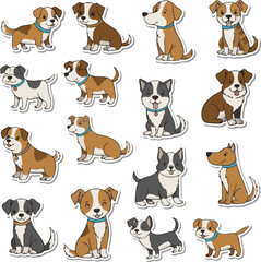 Obraz premium Cute Cartoon Puppy Sticker Set – Hand Drawn Dog Character Collection, Various Breeds and Poses Vector Illustration