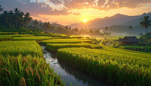Rice field sunset