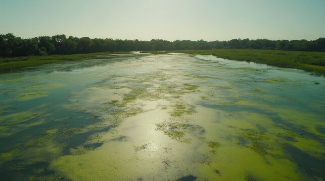 Thick Algal Bloom Covers Polluted Marshland Surface Under Bright Sunlight