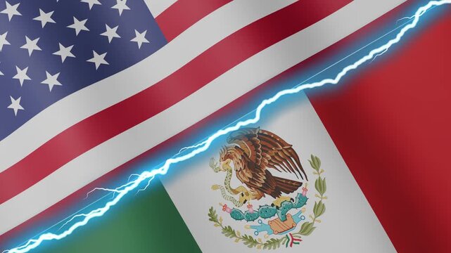 Two waving flags United States and Mexico with diagonal lightning seamless, 4k loop