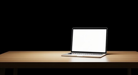 Fototapeta premium Modern Laptop Open on a Wooden Desk with a Black Background.