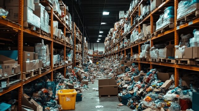 Vast Warehouse Aisle Overflowing with Heaps of Unsold Merchandise Symbolizing Consumerism and Overproduction